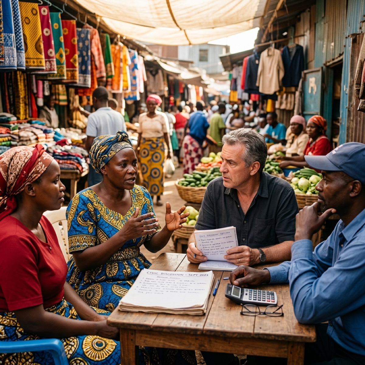 A vibrant Kenyan marketplace where citizens discuss the latest fiscal policies and economic impact.