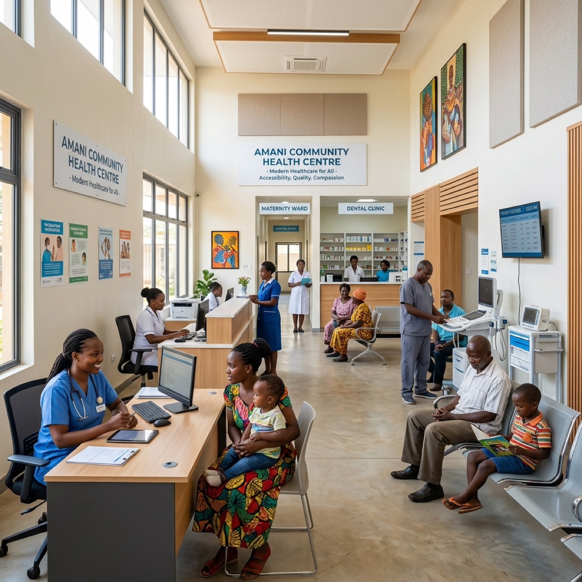 A healthcare facility in Kenya surrounded by open landscape.