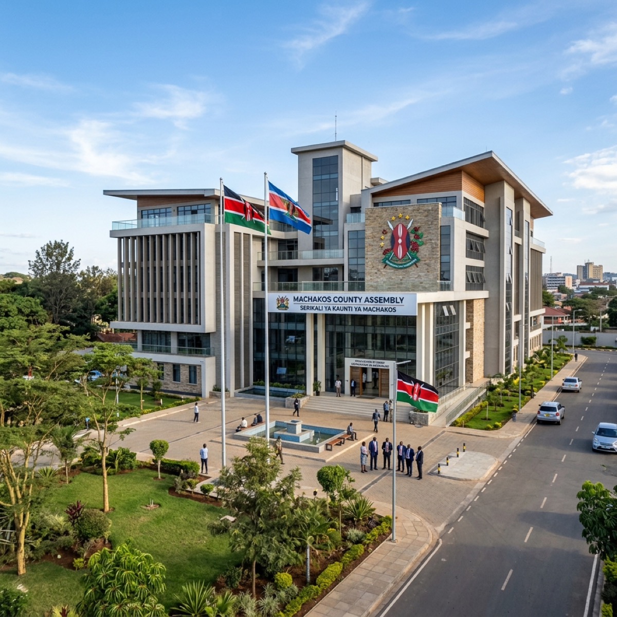 A modern Kenyan county assembly building, representing local governance and institutional delivery.
