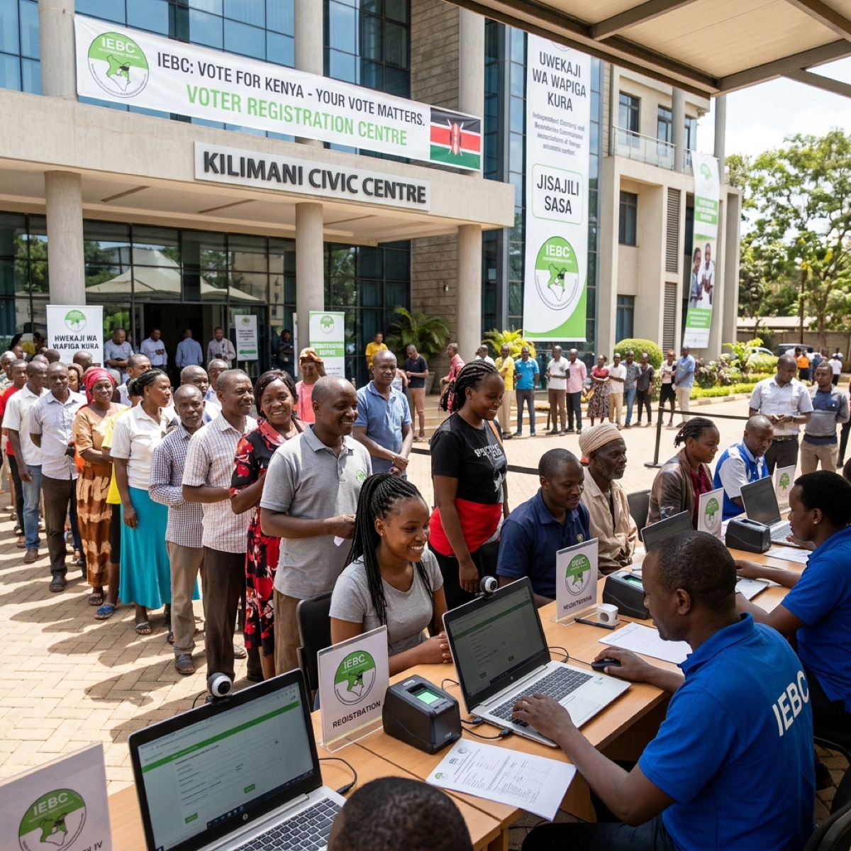 Kenyan citizens lining up at a modern, tech-enabled voter registration center.